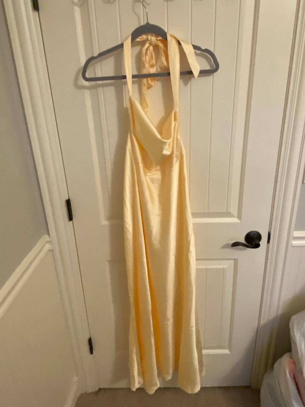 Pastel yellow halter cowl neck satin dress